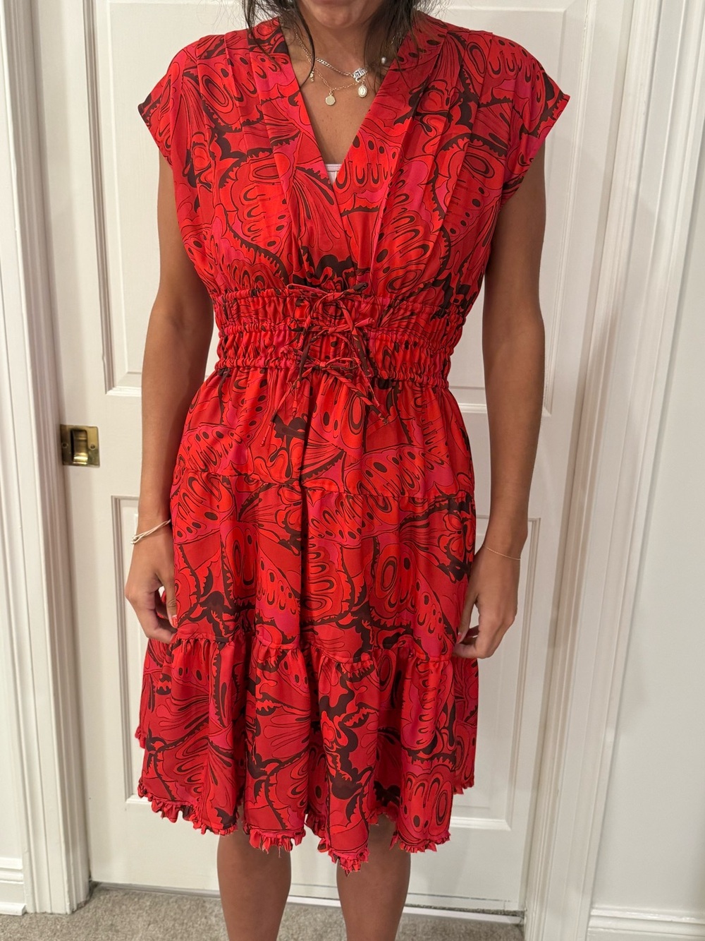 Derek Lam Red Printed V-Neck Tiered Dress